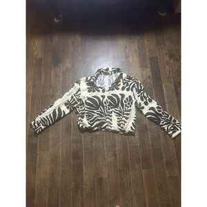 T Tahari Bold Print Long Sleeve Crop Blouse Sz L Cream And Espresso Botanical